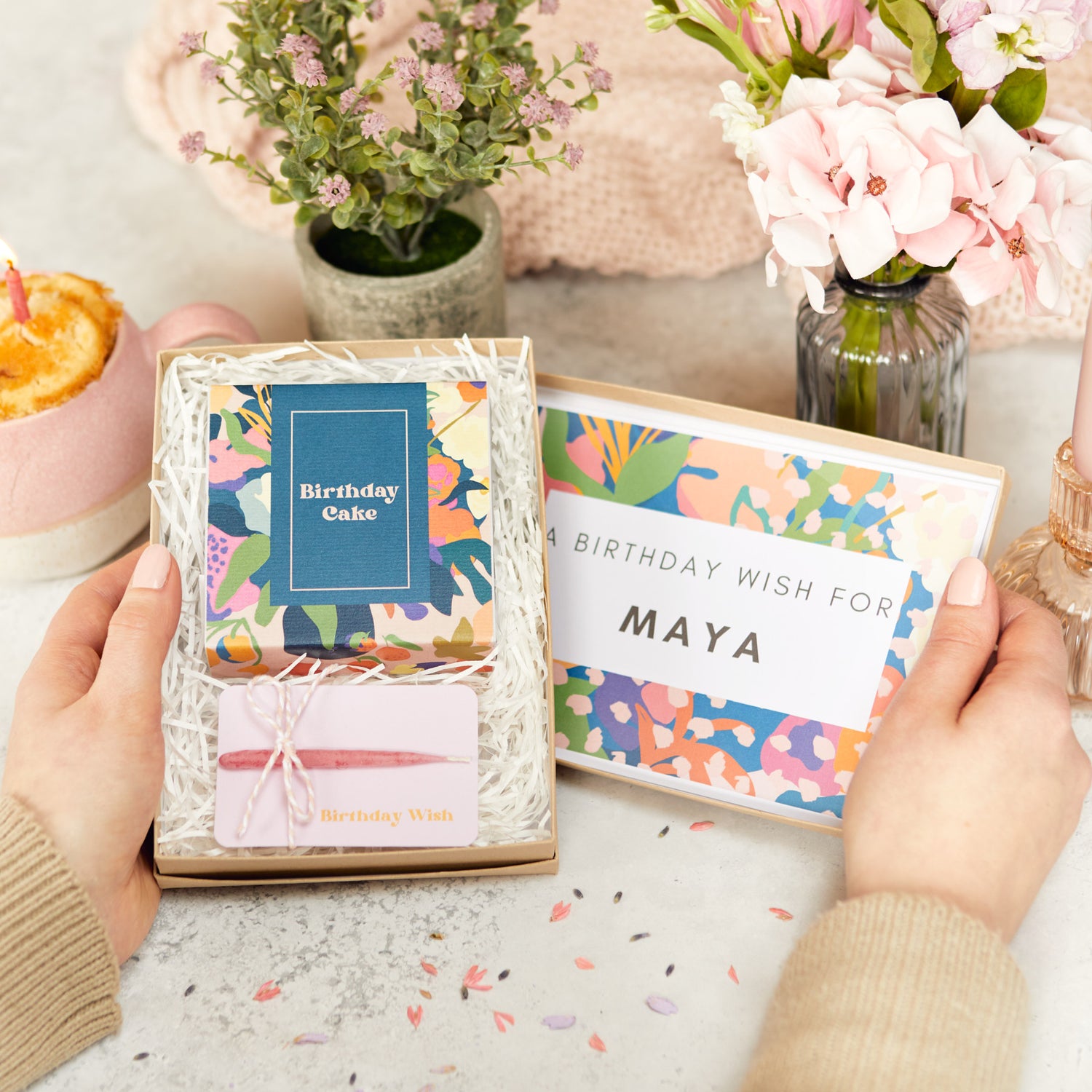 Mini birthday gift set containing birthday mug cake mix and birthday wish candle with personalised name on inside lid