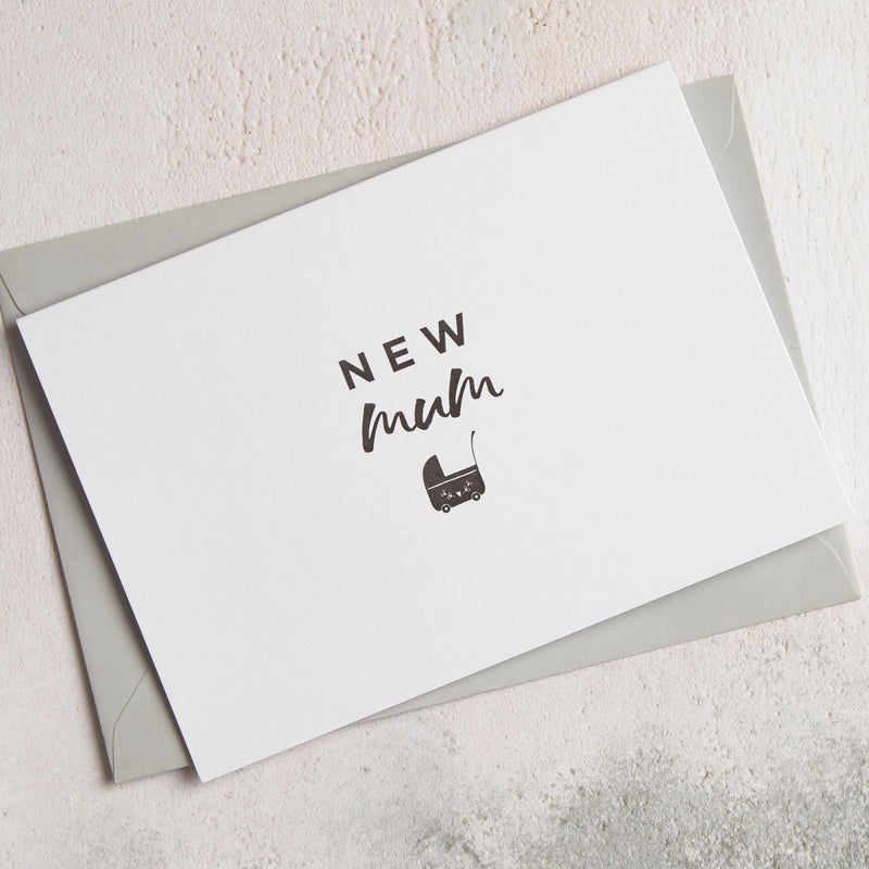 New mum greetings card in off-white with black text and pram image