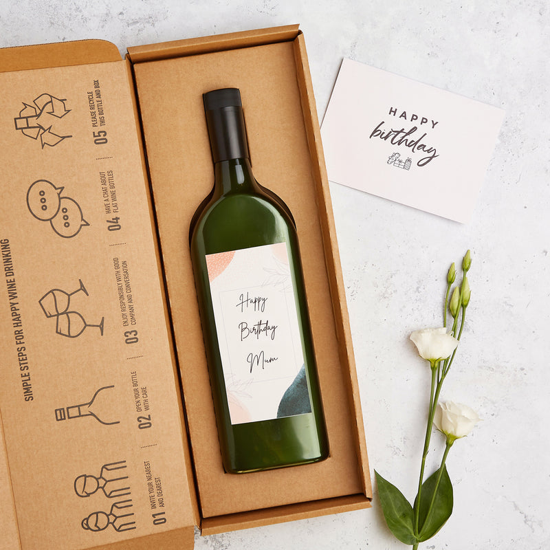 Letterbox-friendly wine bottle with personalised happy birthday wine label and greetings card