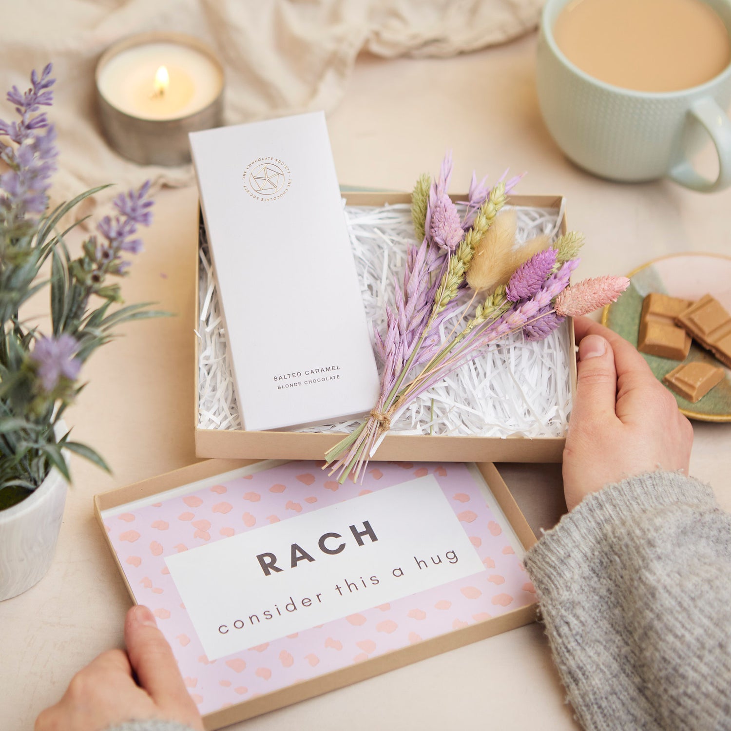 Salted caramel chocolate bar & pastel purple dried flower posy in mini gift box with personalised 'consider this a hug' card on lid