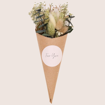 Neutral, green & white dried flower posy in kraft cone with 'for you' sticker