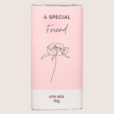 45% Milk chocolate bar with pink wrapper reading 'A Special Friend' & flower image