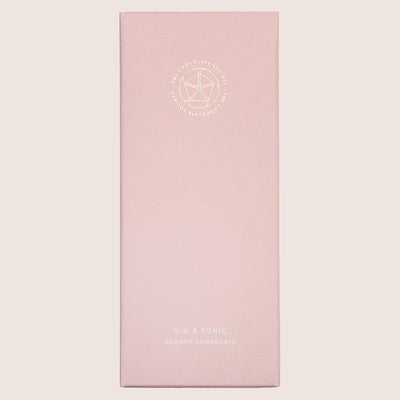 Gin & Tonic blonde chocolate bar in pale dusty pink cardboard box