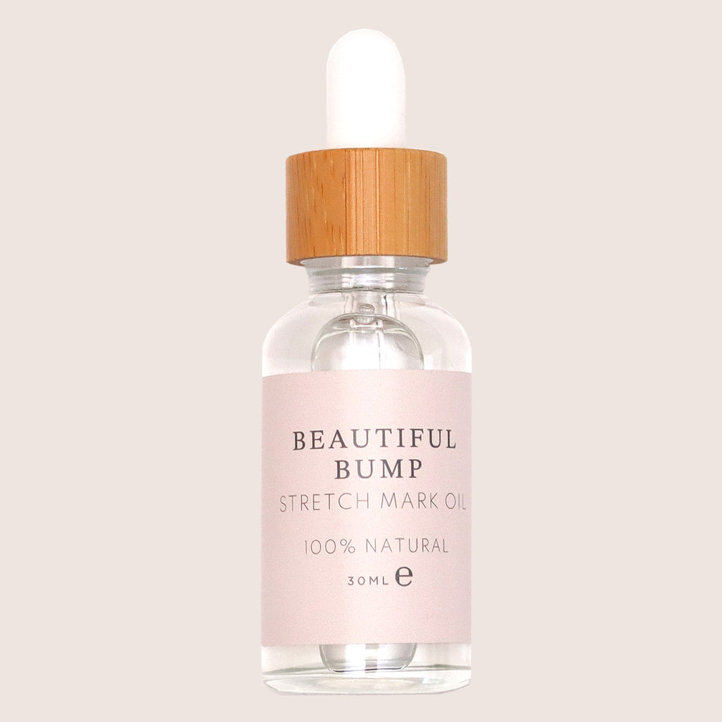 'Beautiful Bump' stretch mark oil in glass bottle with pipette dropper lid