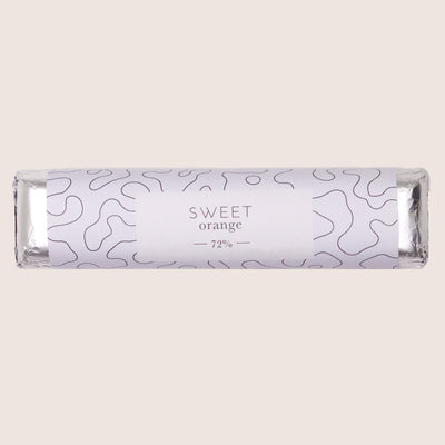 Sweet orange 72% dark chocolate bar in monochrome design