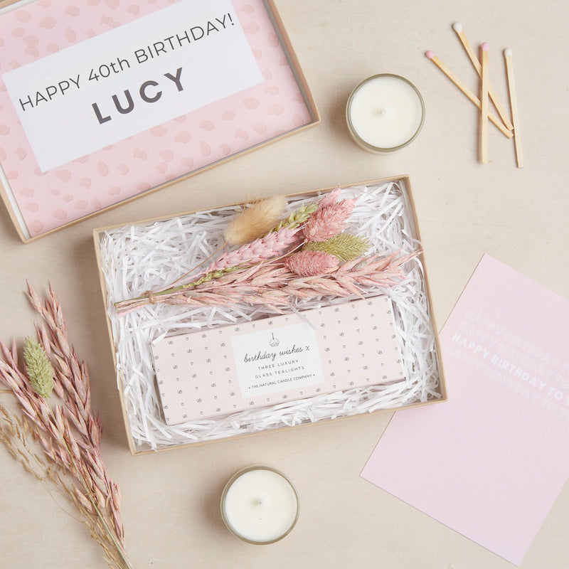 Mini birthday gift set in kraft box, containing birthday wishes tealights & pastel pink and natural dried flower posy, with personalised name on inside lid