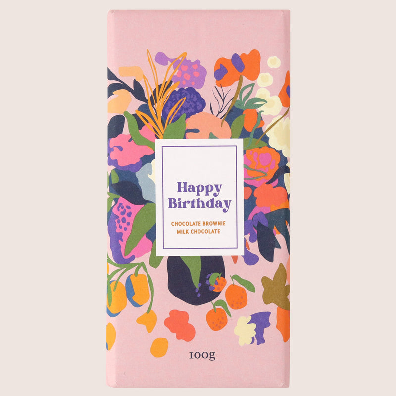 'Happy Birthday' chocolate brownie milk chocolate bar in pink, purple and orange floral design