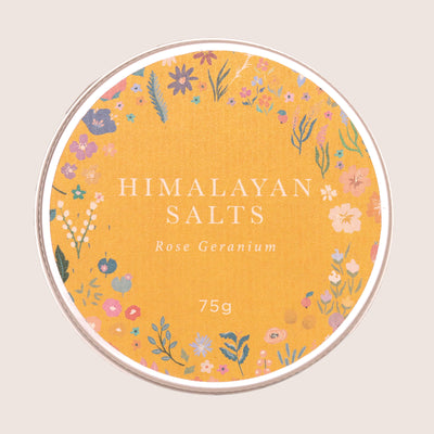 Rose geranium himalayan bath salts in a yellow floral tin