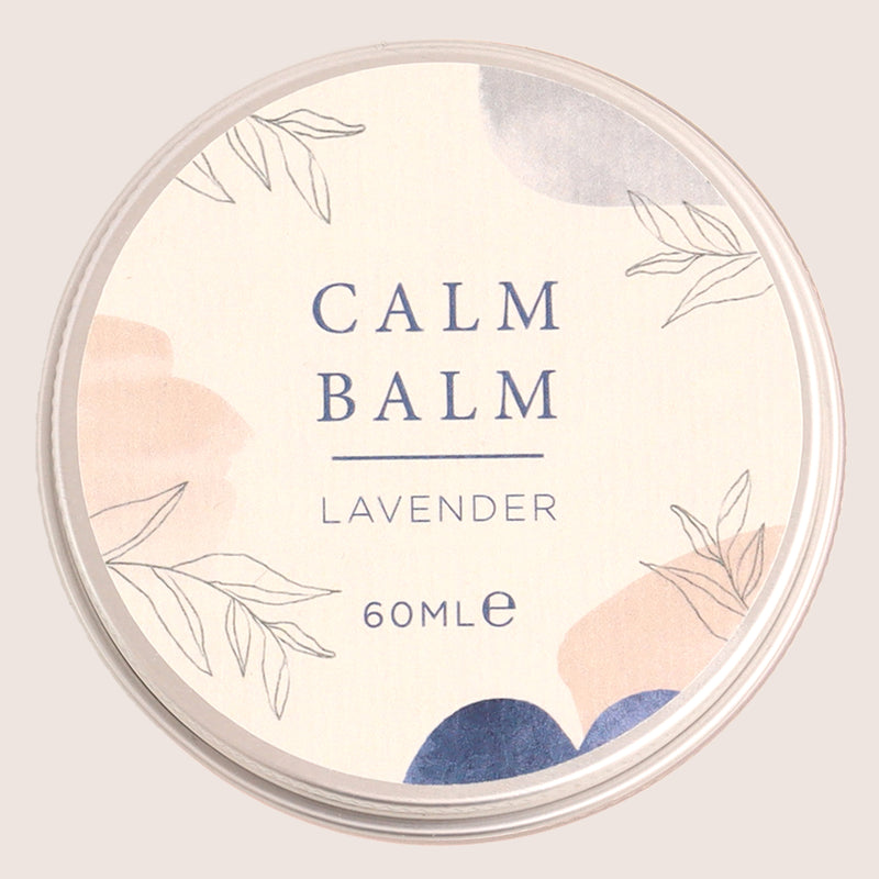 Lavender shea body butter calm balm in tin with white, blue and pink sticker