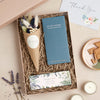 Thank You letterbox gift set containing salted caramel chocolate bar in blue box, leafy green 'thank you' tealights & blue dried flower posy with bespoke teacher's name sticker