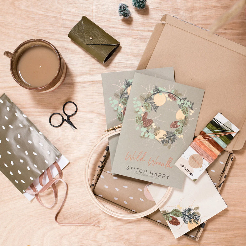 Wild wreath gift set containing thread, needles, hoop & fabric, in a letterbox-friendly gift box