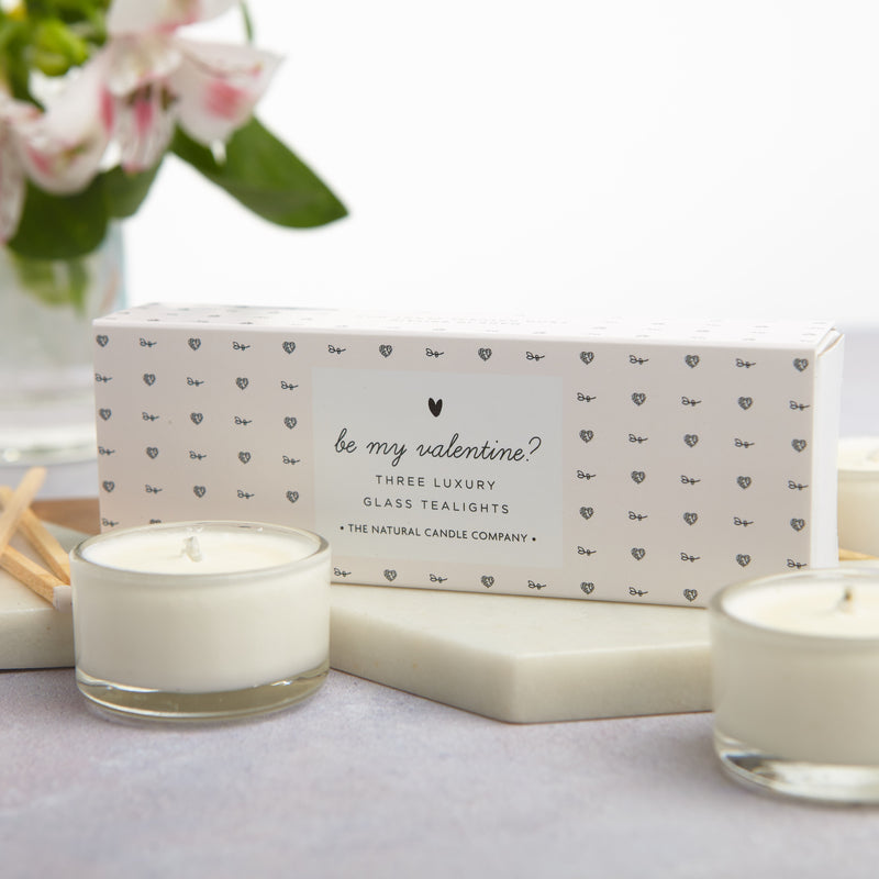 Three luxury glass tealights in a Be my Valentine? pink sleeve box