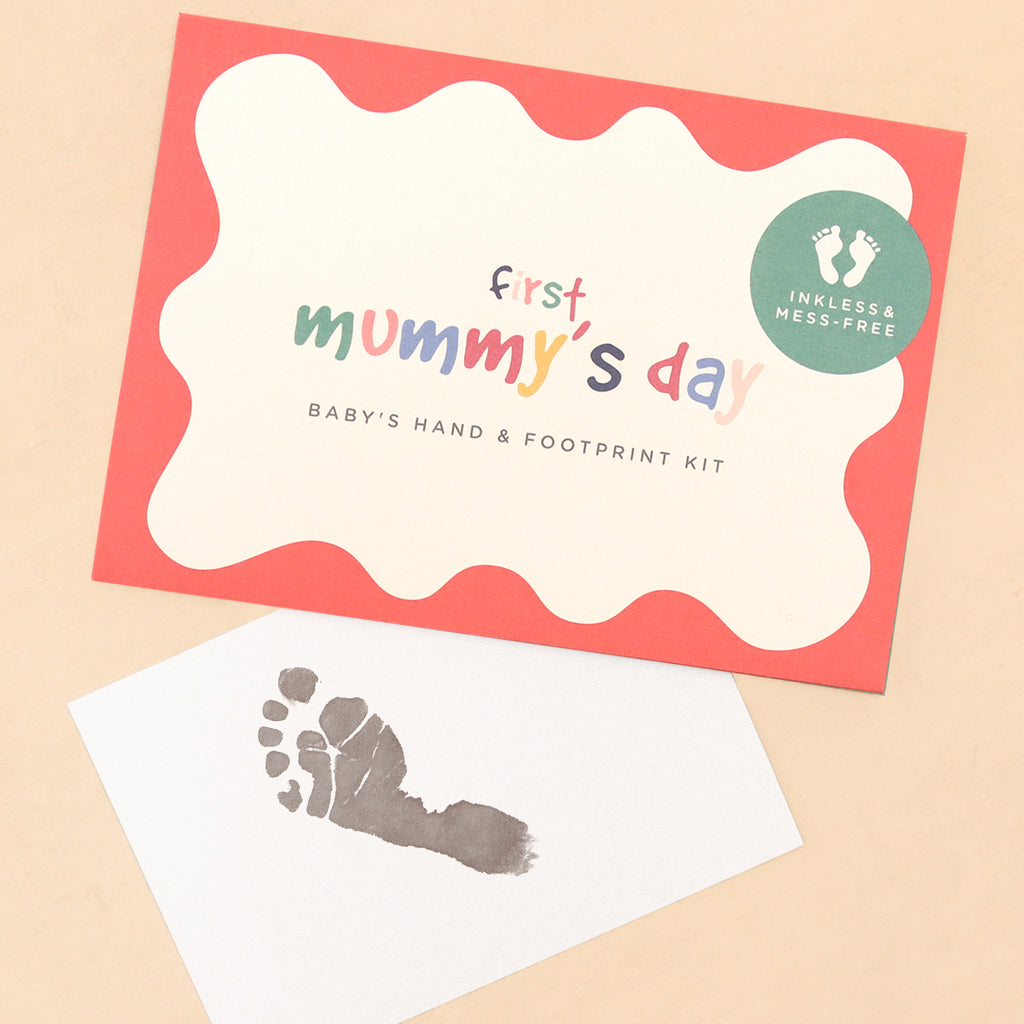 'first mummy's day' baby's hand & footprint kit in red scallop-edged envelope