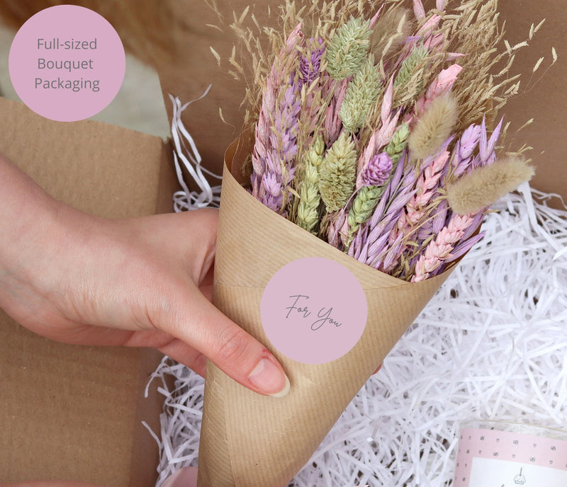 Pre-arranged full size pastel pink, purple and natural dried flower bouquet with for you sticker