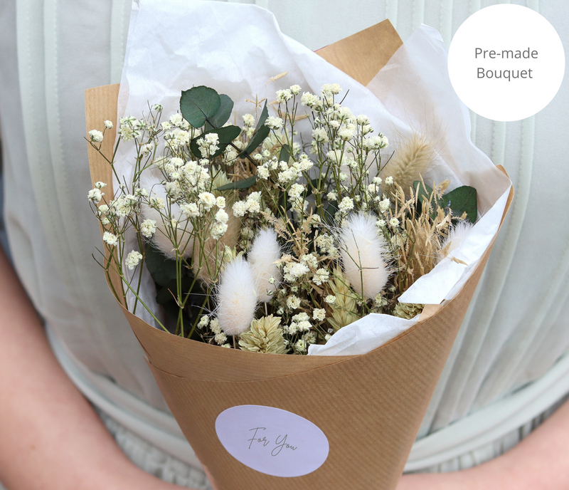 Full size pre-arranged bouquet containing neutral-tone dried flowers in green, white and brown
