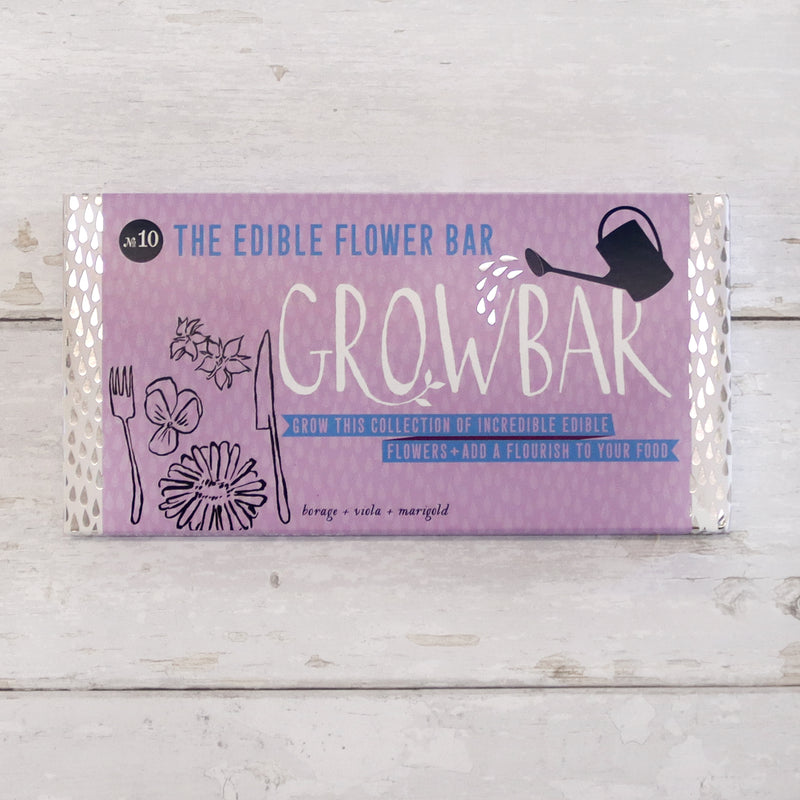 Letterbox-friendly edible flower grow bar containing borage, viola and marigold seeds in purple packaging