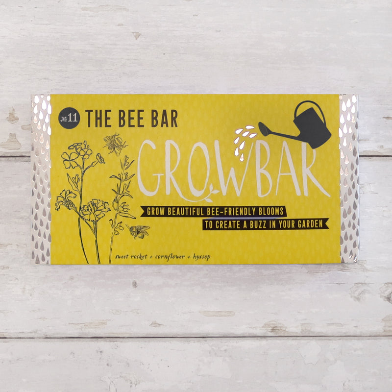 Letterbox-friendly bee grow bar containing sweet rocket, cornflower and hyssop seeds in yellow packaging