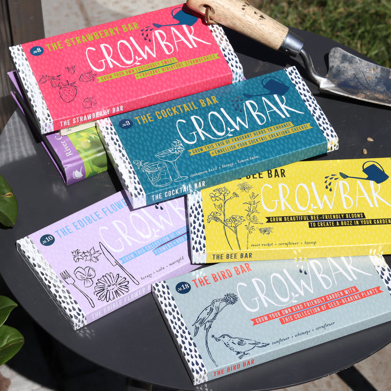 Full range of letterbox-friendly grow bars containing seeds packed in a  coconut fibre block