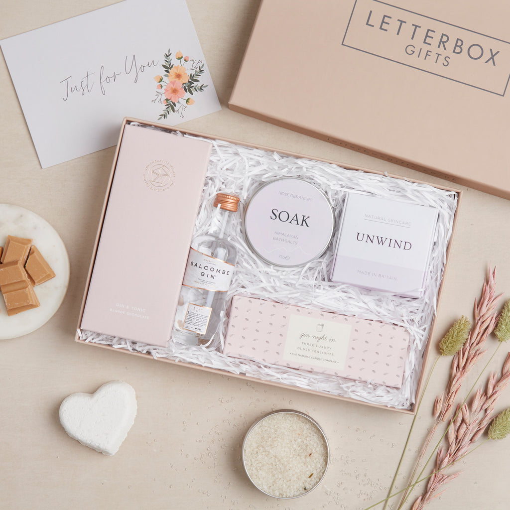 Gin night in Letterbox Gift Set containing a chocolate bar, a bottle of gin, glass tealights and bath salts