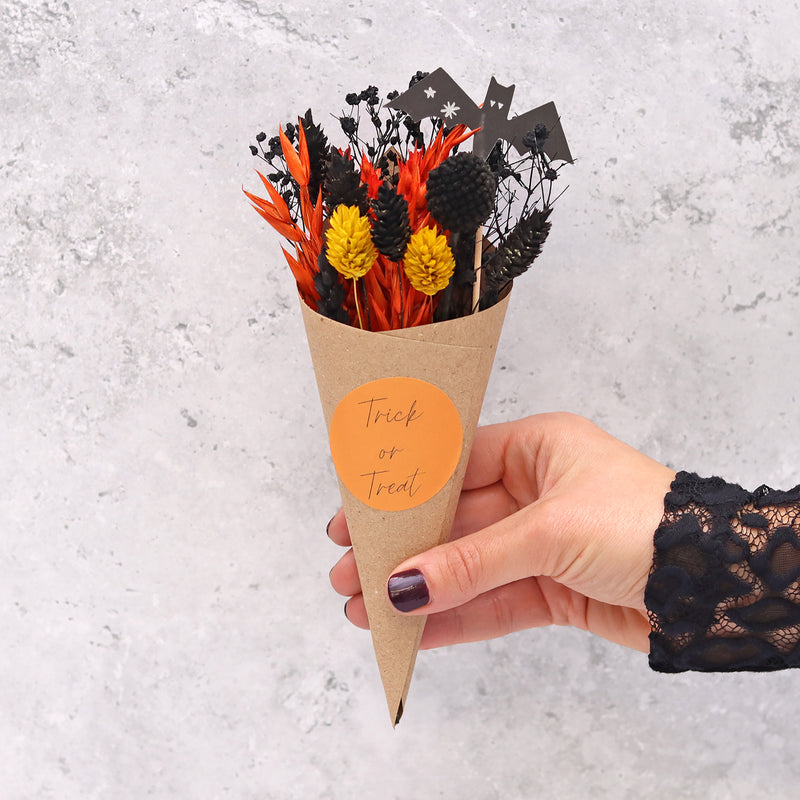 Orange, yellow and black dried flower posy with black bat in a kraft cone with trick or treat sticker