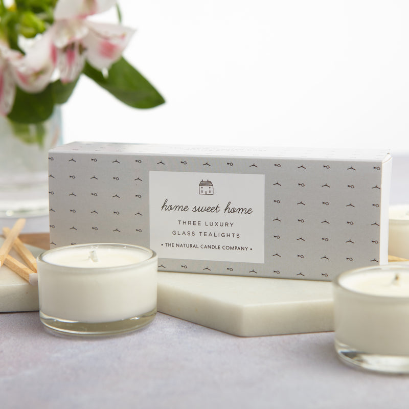 Three luxury tealights in grey 'home sweet home' box