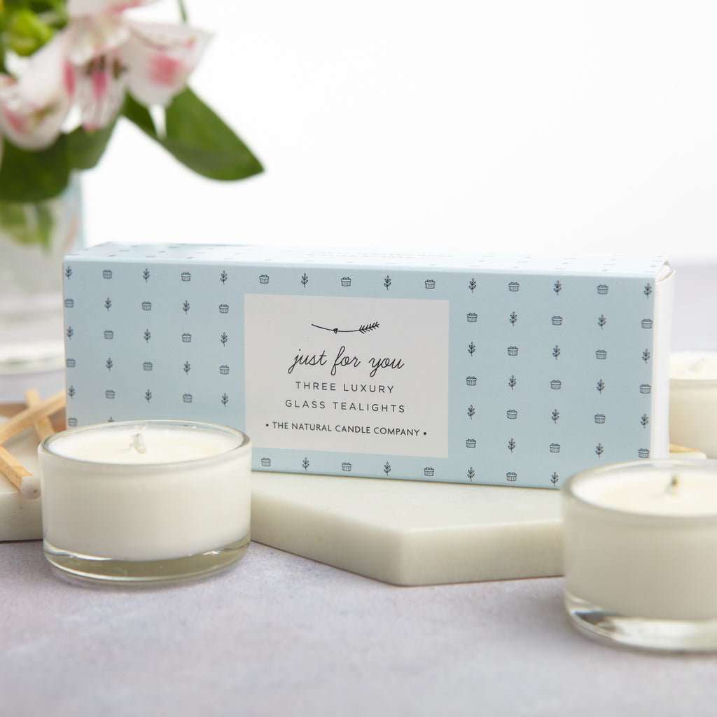 Three luxury glass tealights in a pale blue Just For You box