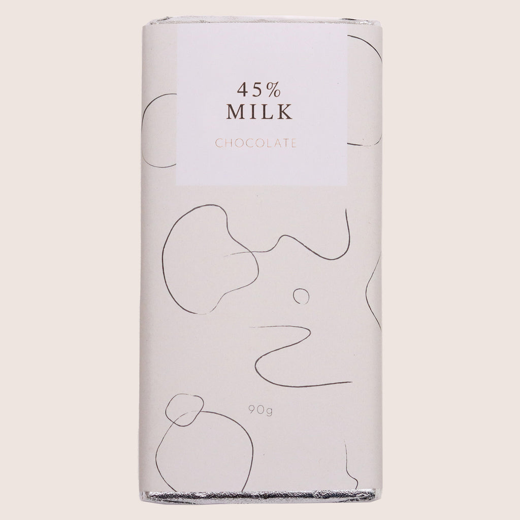 45% milk chocolate bar in white sleeve with black squiggles