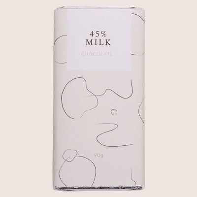 45% milk chocolate bar in white sleeve with black squiggles