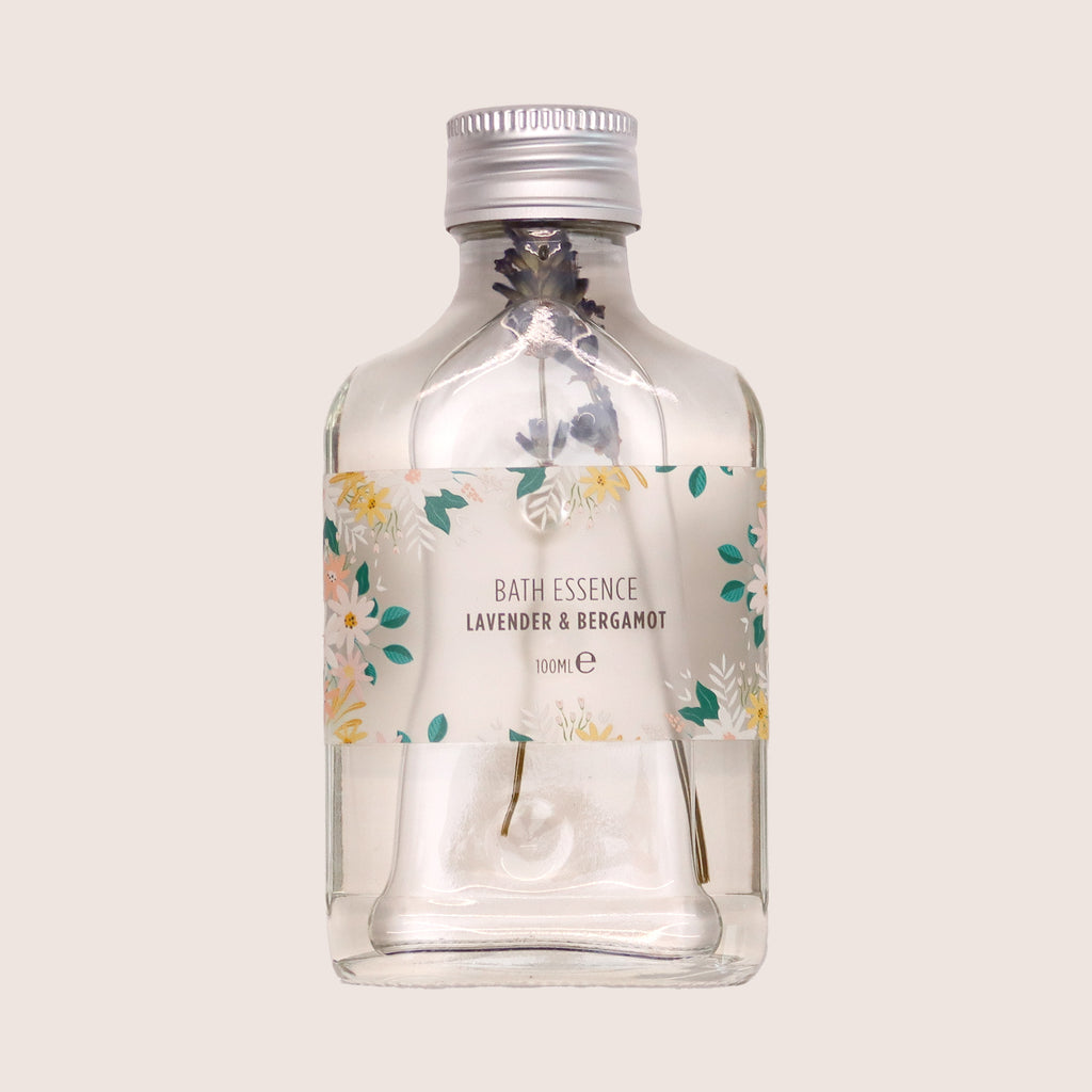 Lavender & bergamot bath essence in a 100ml glass bottle