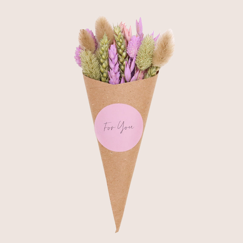 Pastel purple & natural dried flower posy in kraft cone with 'for you' sticker