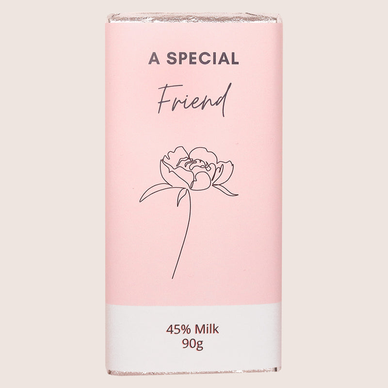 45% Milk chocolate bar with pink wrapper reading 'A Special Friend' & flower image