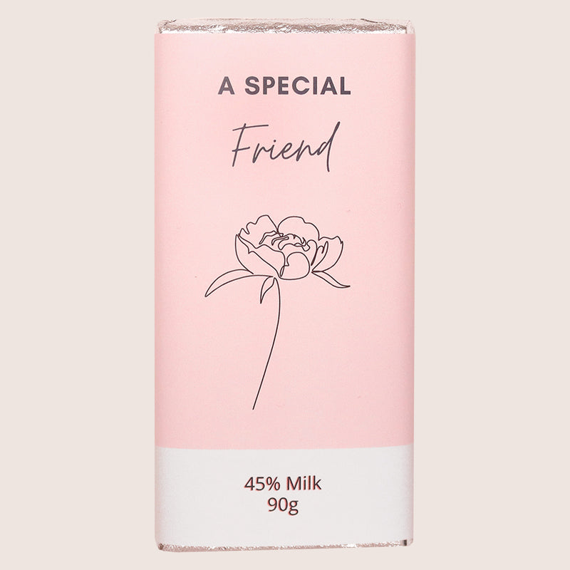 45% Milk chocolate bar with pink wrapper reading 'A Special Friend' & flower image