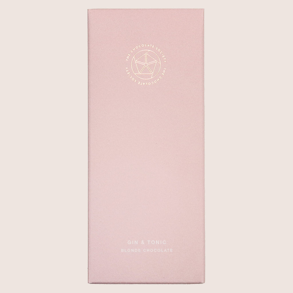 Gin & Tonic blonde chocolate bar in pale dusty pink cardboard box