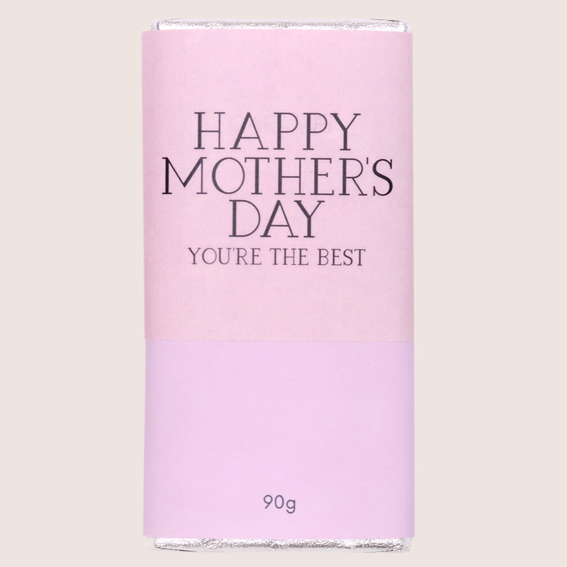 Salted caramel chocolate bar in pastel purple wrapper, and text stating 'happy mother's day, you're the best'