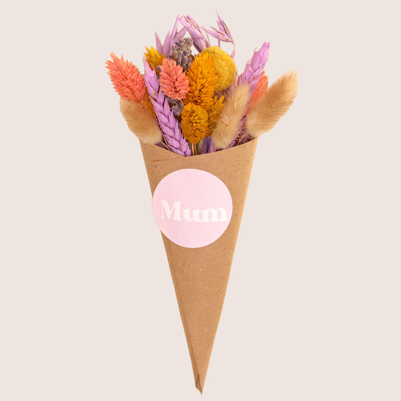 Pastel pink, purple, yellow & natural dried flower posy in kraft cone with 'mum' sticker