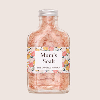 'Mum's Soak' rose & patchouli bath salts in glass bottle with floral label