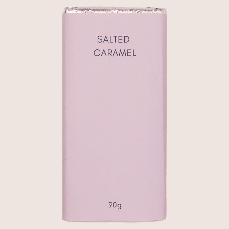 Salted caramel chocolate bar in pale purple wrapper