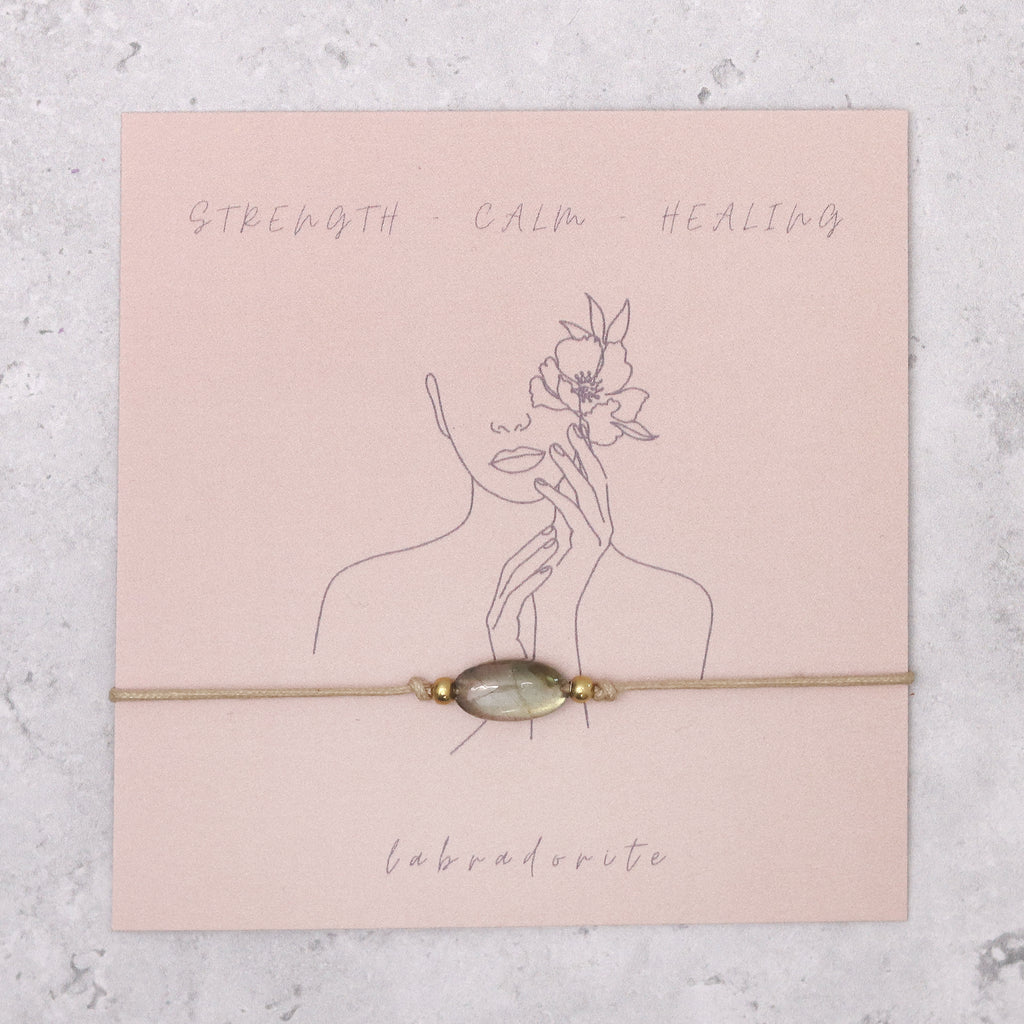 Labradorite gemstone bracelet on a brown card detailing strength, calm & healing