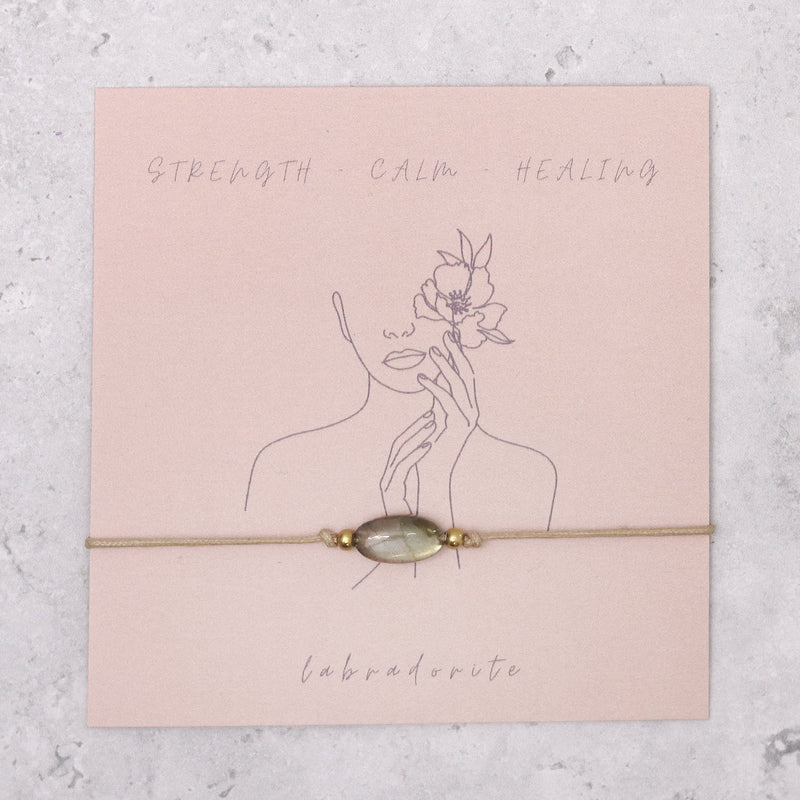Labradorite gemstone bracelet on a tan card detailing the qualities of strength, calm & healing