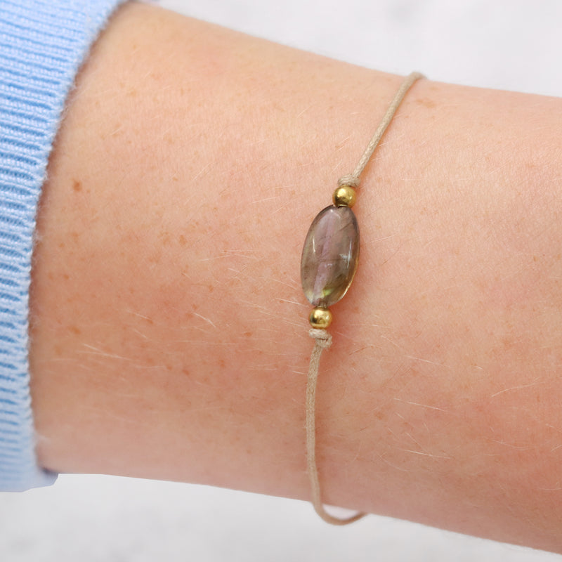 Labradorite gemstone bracelet being displayed on a persons wrist