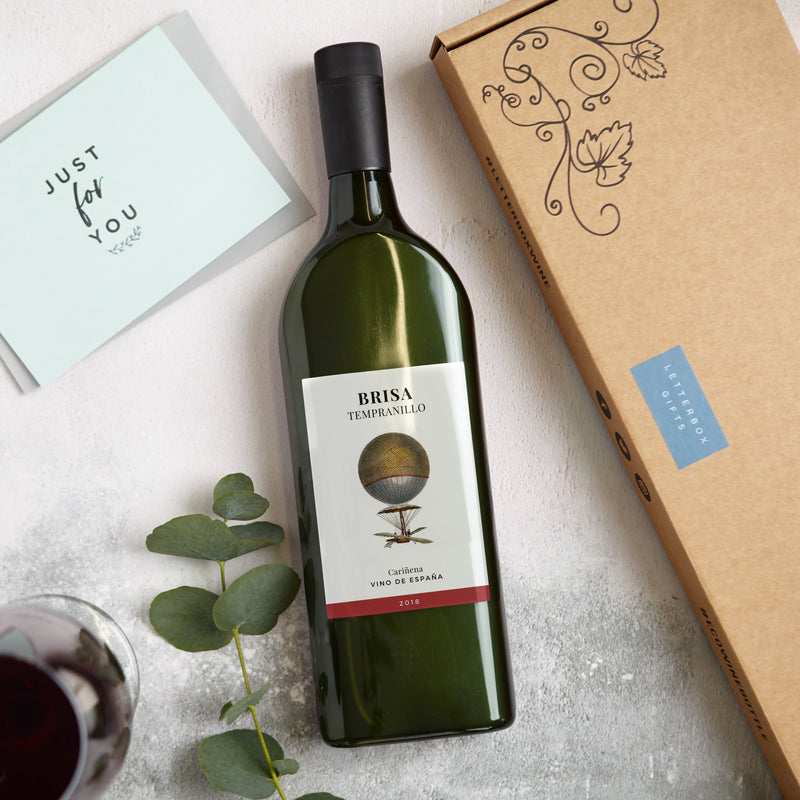 Letterbox-friendly red wine bottle with just for you greetings card