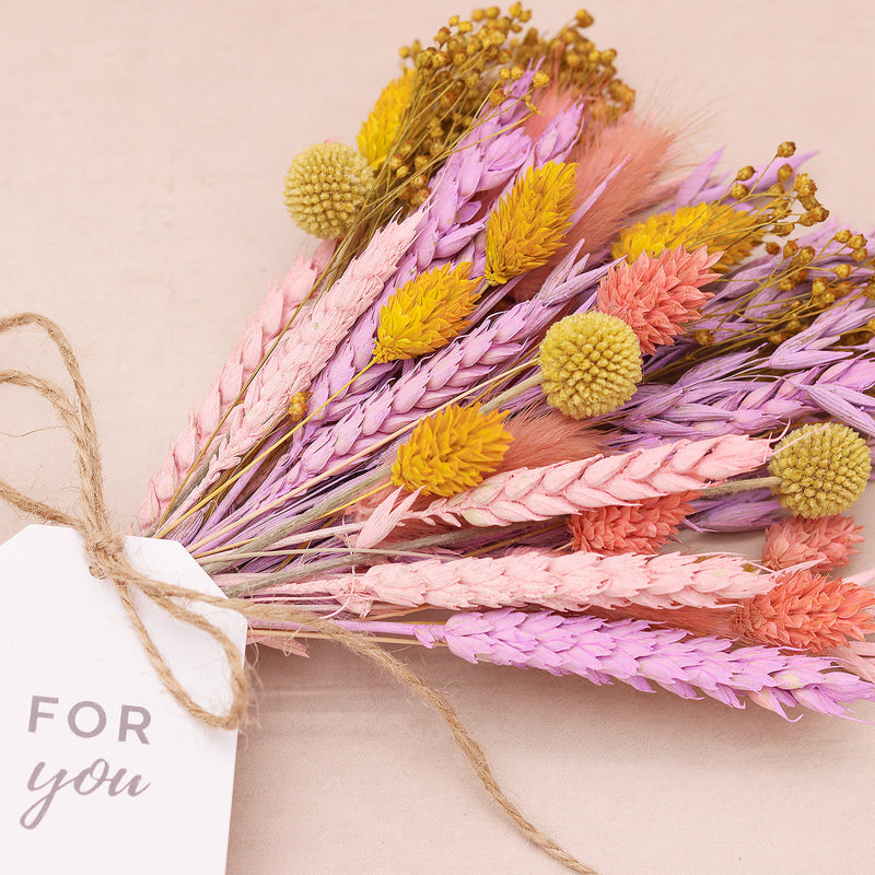 Pink, purple and yellow pastel dried flower bouquet with for you tag 