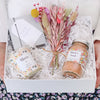 Mum's luxury gift hamper containing 'mum's soak' bath salts, mum candle, butterscotch truffles & pastel dried flower bouquet