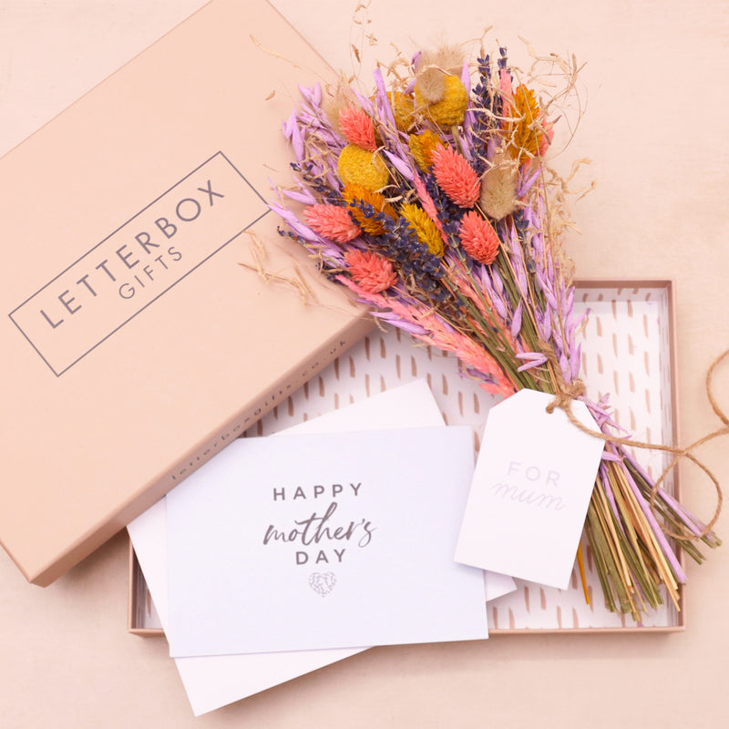 Mother's Day pink, purple, yellow and natural dried flower bouquet with 'for mum' swing tag, happy mother's day greetings card, in a letterbox-friendly gift box