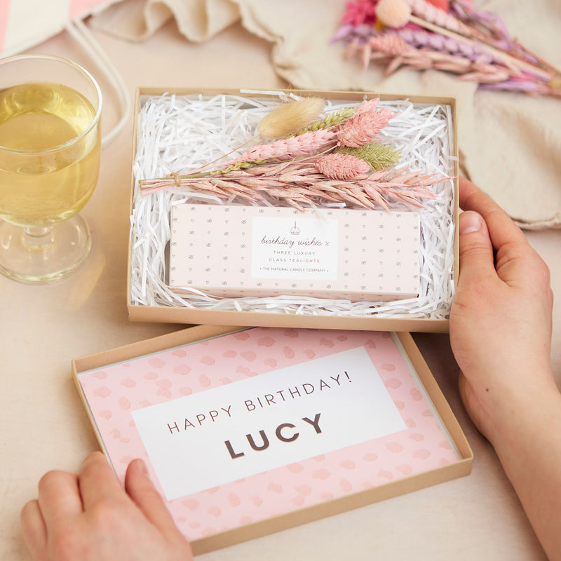 Mini birthday gift set in kraft box, containing birthday wishes tealights & pastel pink and natural dried flower posy, with personalised name on inside lid