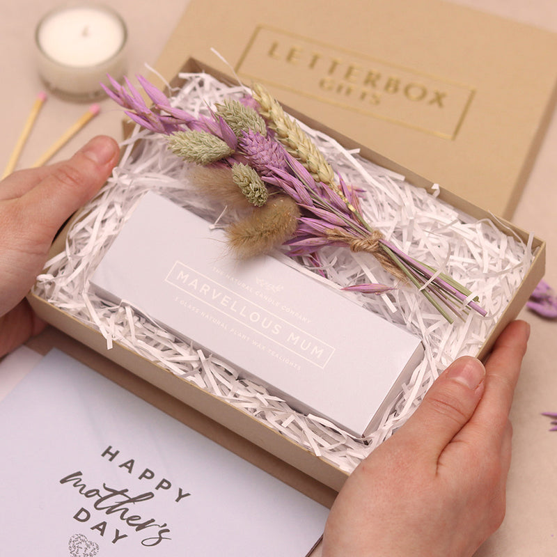 Mini mother's day gift set in kraft box containing marvellous mum tealights & pastel purple dried flower posy
