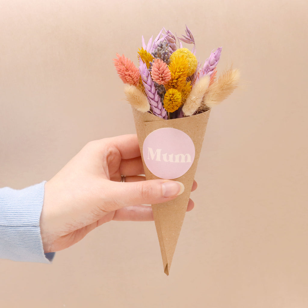 Pastel pink, yellow & purple dried flower posy in kraft cone with 'Mum' sticker