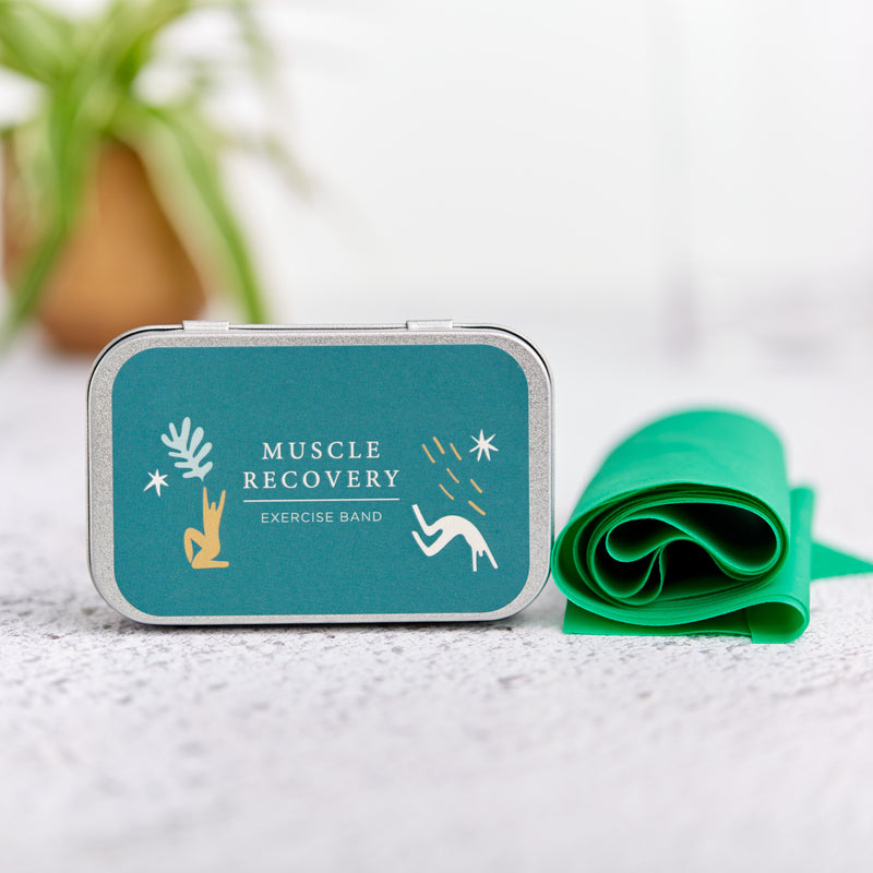 Muscle recovery green latex exercise band  in metal tin
