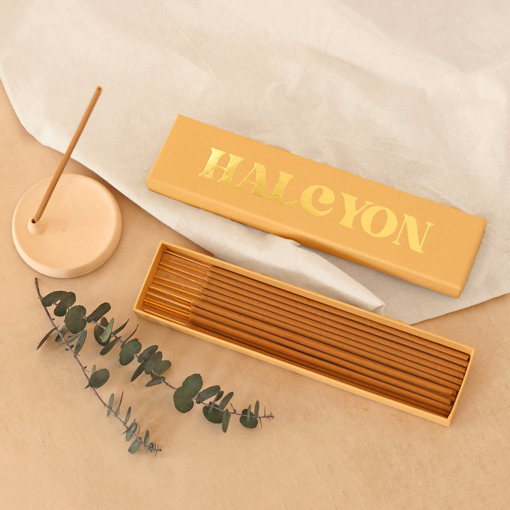 Fifteen yellow incense sticks in a gold-foiled Halcyon gift box