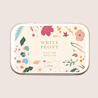 White peony loose leaf white tin in floral design tea tin